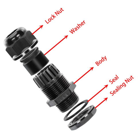 Exploded view of Ten Pack One Quarter Inch NPT Black Cable Glands IP68 Waterproof Nylon Strain Relief Cord Grips parts