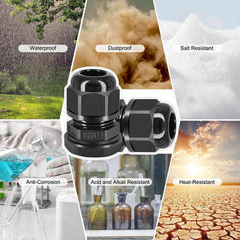 Waterproof M20x1.5 Cable Glands Set, 20 Pcs Black Compression Cable Connectors for Outdoor Lighting and Garden, shown with features.