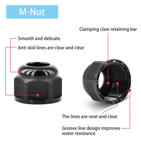 Black 10 Pack Waterproof Cable Glands And Joints For 6 To 12mm Cables M20x1.5 with smooth surface, anti-skid lines, IP66 weatherproof.