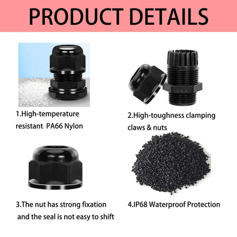 Ten Pack One Quarter Inch NPT Black Cable Glands IP68 Waterproof Nylon Strain Relief Cord Grips Product Details