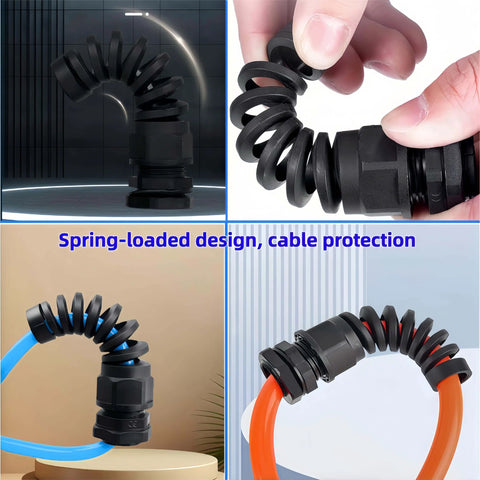 Eight Piece Black Nylon IP68 Waterproof Cable Gland Set with Gaskets and Spiral Flexible Joint Locknut for Cables NPT Sizes.