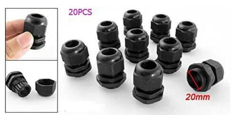20 Pack Black Plastic Waterproof Cable Glands M20 x 1.5 IP67 Rated for 6-11mm Cables, shown in various angles.