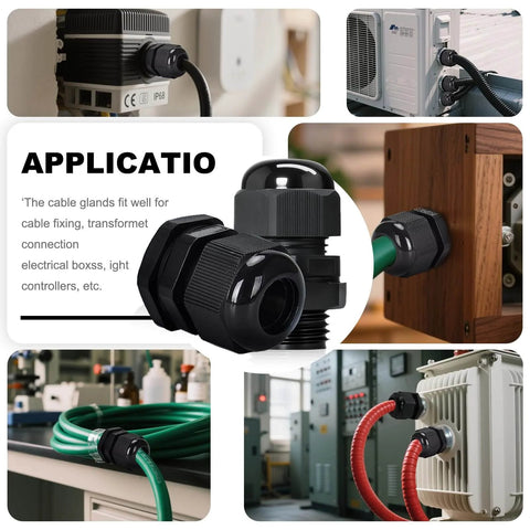 24 Piece Black Adjustable Cable Glands One Half Inch NPT IP68 Waterproof Electrical Connectors Nylon Cord Grips Strain Relief For Electrical Boxes No Fuss DIY Install Kit shown in various installations.