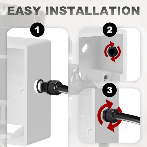24 Piece Black Adjustable Cable Glands One Half Inch NPT IP68 Waterproof Electrical Connectors Nylon Cord Grips Strain Relief For Electrical Boxes No Fuss DIY Install Kit in installation process, showing step-by-step guide.