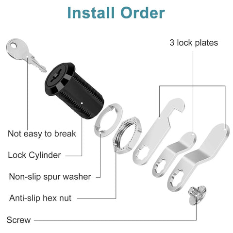Keyed-alike cabinet cam locks in a sleek black finish; lock cylinder, spur washer, hex nut, 3 plates, and screw shown.