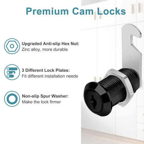 Keyed-alike cabinet cam locks in a sleek black finish for secure drawers, files, and RV storage; side view of cam lock