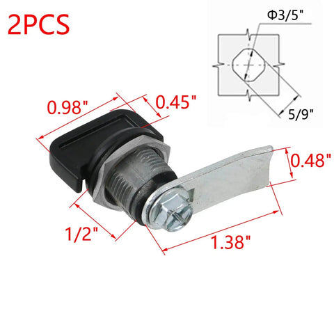 2 Pack Black Thumb Operated Offset Cam Locks With Half Inch Cylinder Zinc Alloy Construction And T Handle For Cabinets Desks RV Compartments And Camper Storage, showing dimensions and design
