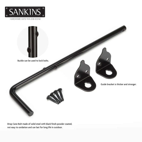 Beefed Up 12 Inch Cane Bolt Drop Rod Gate Hardware Heavy Duty Black Solid Steel Ground Latch with brackets and screws
