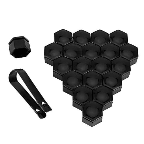 20 Pcs Universal Car Wheel Nut Caps And Auto Hub Screw Covers 17mm 19mm 21mm with removal tool, black plastic, rust-proof