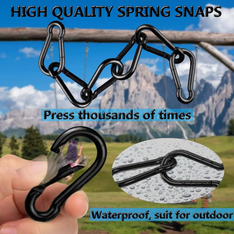 Black M4 Carabiner Clips Set Of 8 Heavy Duty Spring Snap Hooks for outdoor use, shown in action and waterproof, with scenic backdrop