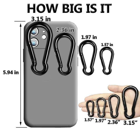 Size comparison of Black M4 Carabiner Clips Set Of 8 with smartphone and hand; shows four snap hook sizes for outdoor use.