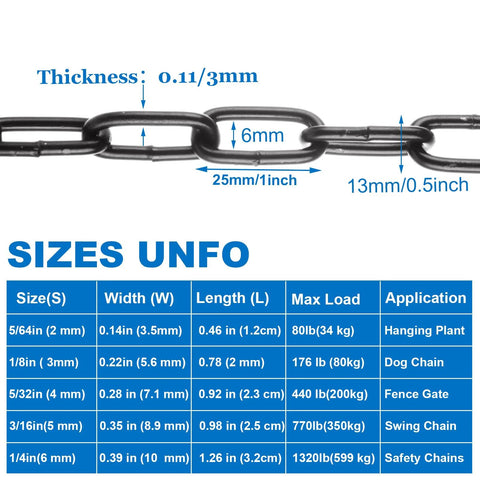 Diagram showing dimensions of a black chain: 25mm/1inch length, 6mm width, and 0.11/3mm thickness with max loads.