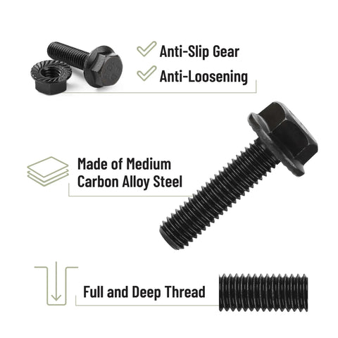 Close-up of black hex flange bolt with washer showing anti-slip and anti-loosening features from Nuts And Bolts Assortment Kit 272 Pieces.