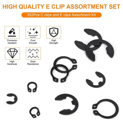 352 Piece Retaining Ring Assortment Kit With E Clips And External C Clips For DIY Projects And Repairs, black carbon steel rings display.