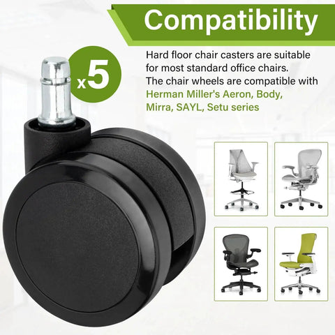 2.5 Inch Carpet Casters For Office Chairs Compatible With Aeron Embody Mirra SAYL And Setu Chairs Black Set Of 5