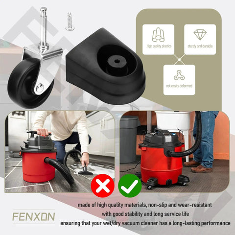 4 Pack Black Caster And Foot Replacement For Wet Dry Vacuum CMXEVCVVJF910 mobility set shown with vacuum installation.