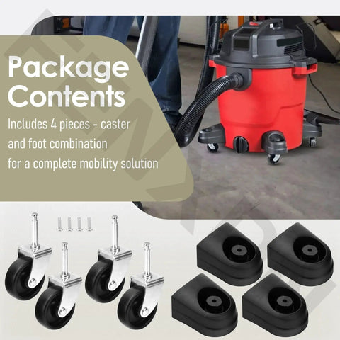 4 Pack Black Caster And Foot Replacement For Wet Dry Vacuum CMXEVCVVJF910 Dir08p05438 in use with red vacuum