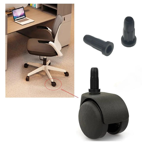 20 Pcs Black Plastic Caster Rubber Sleeve Covers for Chair Wheels with 16 mm Outer Diameter installed on office chair.