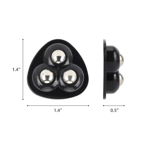 Close-up view of black self-adhesive caster wheels, 1.4 inches wide, for countertops and kitchen appliances, side and top views with measurements.