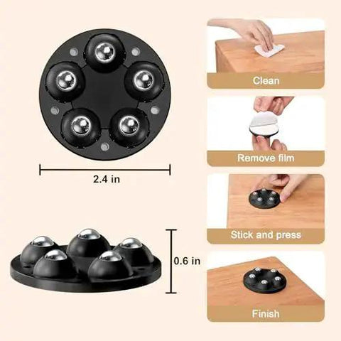 Self Adhesive Mini Caster Wheels 360 Degree Swivel Mute Universal Wheel Rollers with installation steps, black, 2.4 inch, 4 pack.