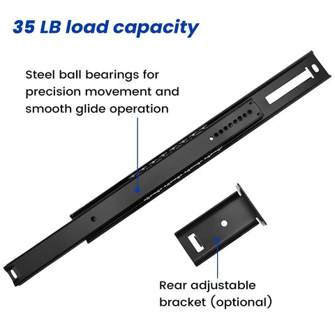 Center Mount Drawer Slides 22 Inch Black 5 Pieces Three Quarter Extension Heavy Duty Glides with 35 LB load capacity and bearings.