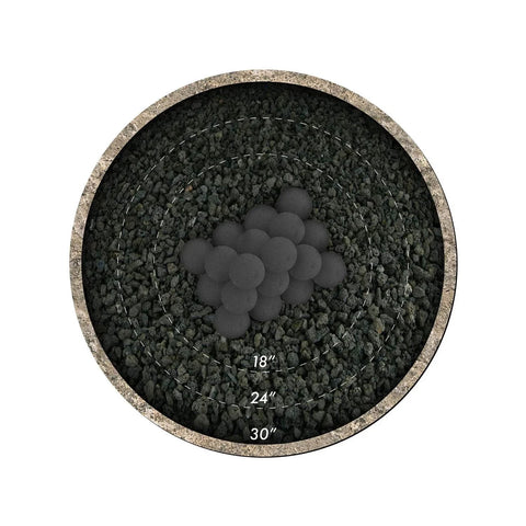 Top view of 3 Inch Ceramic Fire Balls 20-Pack Modern Accessory for Fire Pits on gravel base, Brushed Concrete Look, Midnight Black.
