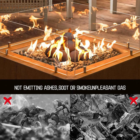 Outdoor gas fire pit with burning Ceramic Fire Balls for Fire Pit, Set of 12 Round Fire Stones Reusable Fireplace Ball in decorative setup.