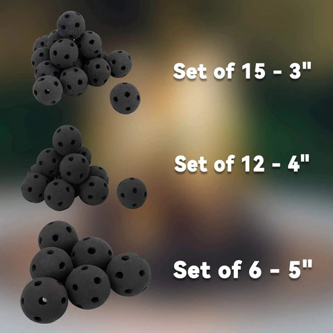 Hollow Ceramic Balls, Set of 12 Round Fire Stones Set, 4 Inch, Black, for Fire Pits and Fireplaces, shown in different sizes