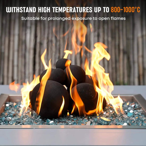 12 Pack Ceramic Balls, Mixed of 4 Size Fireplace Balls burning with flames in an outdoor fire pit, high-temperature black ceramic.