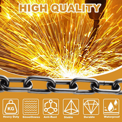High quality 1/4'' × 19.68Ft Black Chain Link, 6M Heavy Duty Metal Chain Links, sparks background, product benefits icons.
