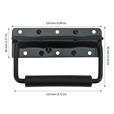 Front view of 10 Pack Black Spring Loaded Case Handles Folding Surface Mount Chest Handles With Rubber Grip For Flight Cases And Cabinets 124 By 80 Millimeter Durable Iron Construction Rust Resistant Finish Indoor And Outdoor Use.
