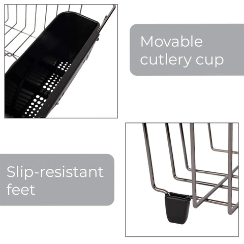 Close-up of Small Dish Drainer Rack - Chrome/Black - 14 x 12.5 x 5.5 inches, showing the movable cutlery cup and slip-resistant feet.