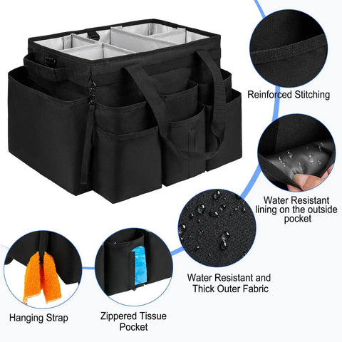 Pro Grade Large Rolling Cleaning Caddy Bag With Detachable Trolley And Shoulder Strap, showing pockets and water resistant fabric