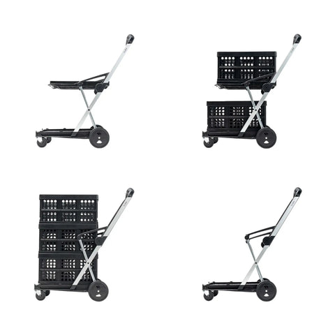 Original German Made Collapsible Cart With Storage Crate Multiuse Folding Trolley showing aluminum frame and black polypropylene cargo box