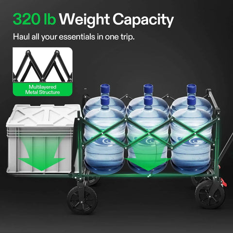 Collapsible Wagon With Tailgate For Camping And Outdoors, 320 Lb Load Capacity, All Terrain Wheels, Adjustable Handle
