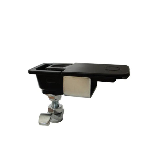 Two piece compression latch with flush sealed lever, lift and turn adjustable grip in black, crafted from steel and zinc alloy