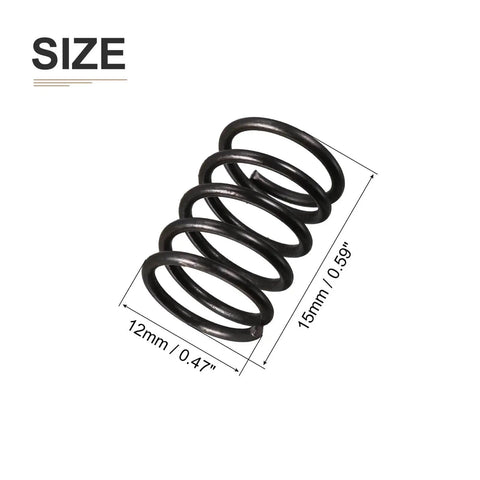 10 Pack Black Compression Springs, 1.2mm Wire, 12mm Outer Diameter, 15mm Free Length, Spring Steel Build shown from side
