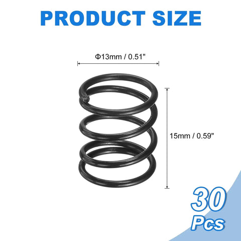 30 Pack Compression Springs 13Mm OD, 1.2Mm Wire Size, 15Mm Free Length, Spring Steel Construction, black finish, shown in size chart