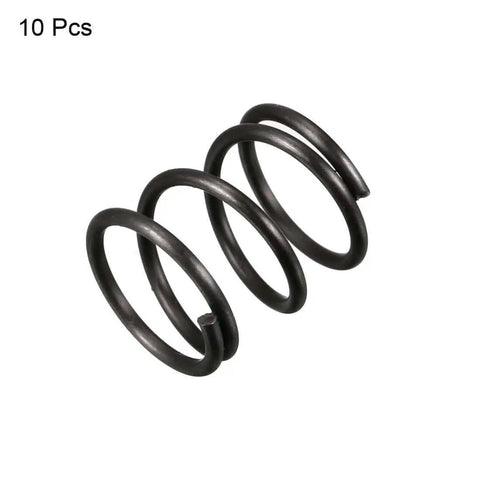 10 Pack Black Compression Spring, 13mm Outer Diameter, 1.2mm Wire, 15mm Free Length, Heat Treated Spring Steel With Rust Resistant Oil Finish For Durable Performance In DIY, Hobby, And Small Machinery Projects. Single black compression spring on white background.