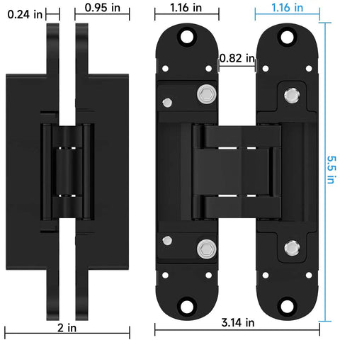 Discreet 5 Point 5 Inch Hidden Door Hinges Set For 180 Degree Swing Concealed Hinges 3 Way Adjustable Butt Hinges