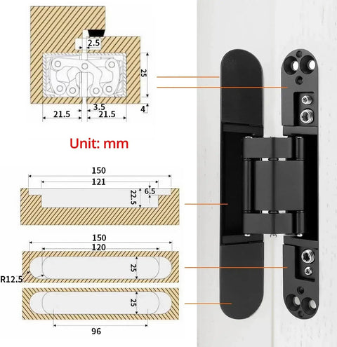 Hidden Door Hinges 2 Pack, 6 Inch Adjustable Concealed Hinges For Doors Up To 50mm Wide And 35mm Thick, shown installed and diagram