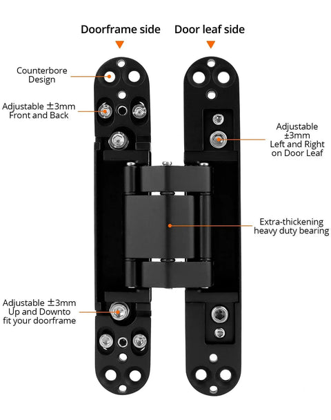 Hidden Door Hinges 2 Pack, 6 Inch Adjustable Concealed Hinges, Zinc Alloy Black Finish, visible with labels showing adjustability features.