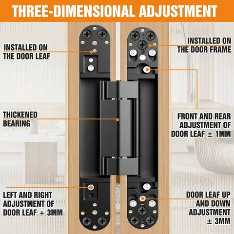 Concealed Hidden Door Hinge Set for Invisible Doors and Feature Walls, Size 9.7 x 3.3 x 1 Inch, showing three-dimensional adjustment