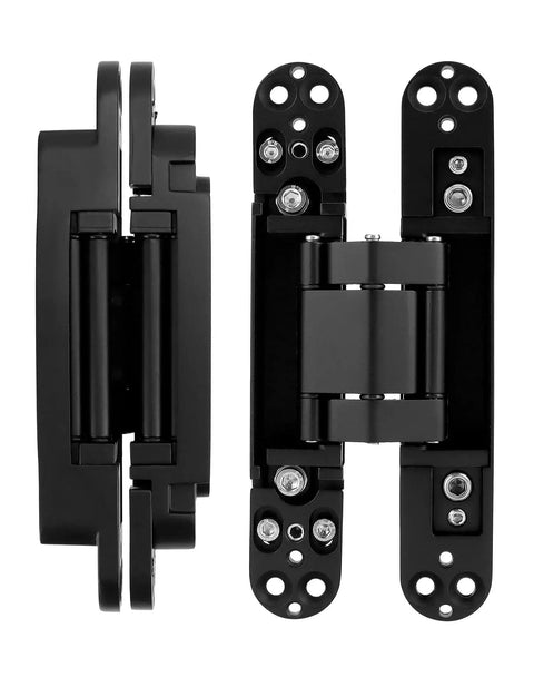 Side and front view of Hidden Door Hinges 2 Pack, 6 Inch Adjustable Concealed Hinges Zinc Alloy Black Finish