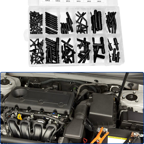 VIKKSAER 115-piece nylon vacuum hose connector kit, 12 sizes, barbed tee connectors in organizer box
VIKKSAER nylon vacuum hose connectors installed in car engine bay for automotive vacuum lines