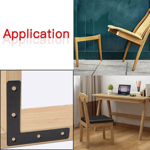 Application of 20pcs Black L Flat Shape Braces Corner Bracket, 80x80 mm Decorative Corner Brackets Mending Plate, Cold Rolled Steel 90 Dgree Angle Bracket for Wood Furniture Fixing shown on wooden chair and desk.