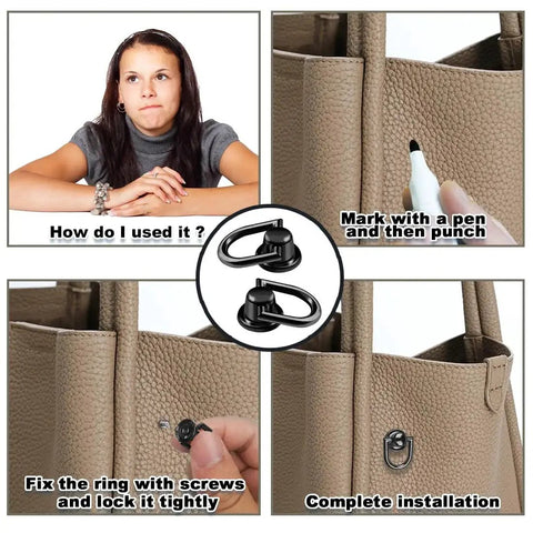 DIY installation of 40 Pcs D Ring Stud Screw Set With Rotatable Ball Post Heads in black tin alloy on a beige purse.