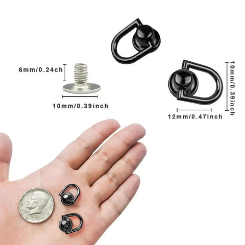 40 Pcs D Ring Stud Screw Set With Rotatable Ball Post Heads, black tin alloy, 10mm and 12mm sizes, shown next to a hand for scale.