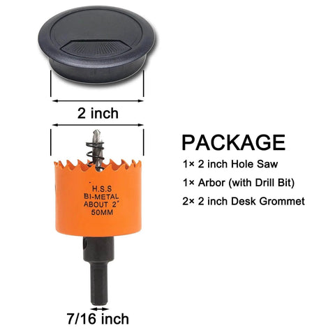 Two Piece 2 Inch Desk Grommets With Hole Saw And Arbor For Cable Management Black, including dimensions and package details