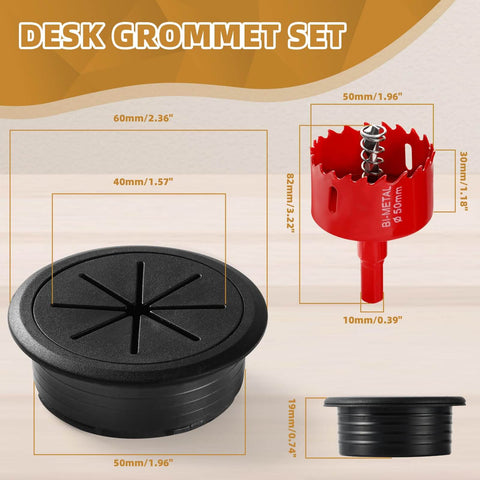 Desk Grommet 2 Inch (50 mm) 8 Pieces, Desk Hole Cover for Cables Black, ABS Plastic Grommet with Hole Saw, dimensions listed.